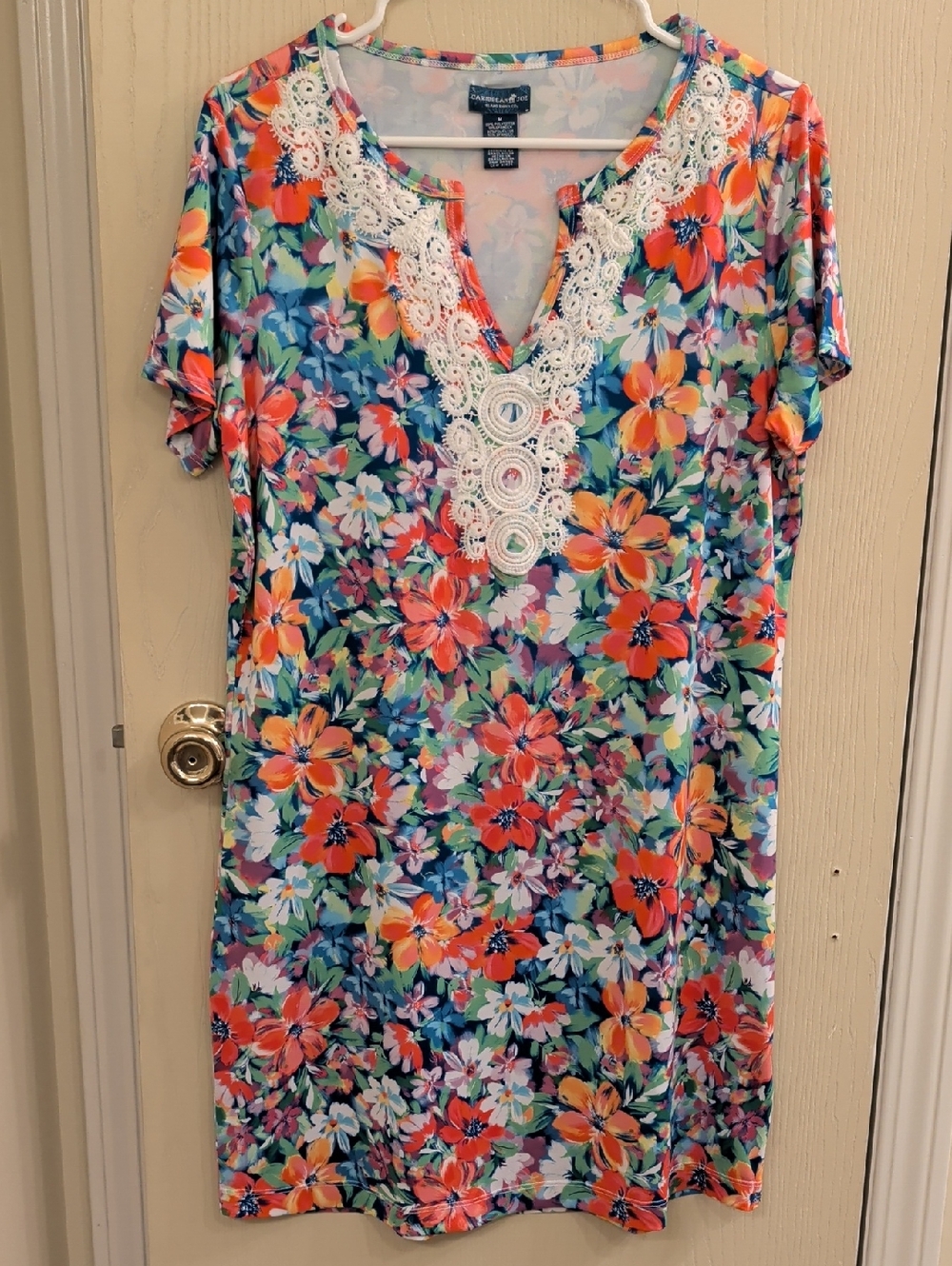Caribbean Joe Floral Crochet-Trim Tunic Dress – Size M | Coral Blue Green | EUC